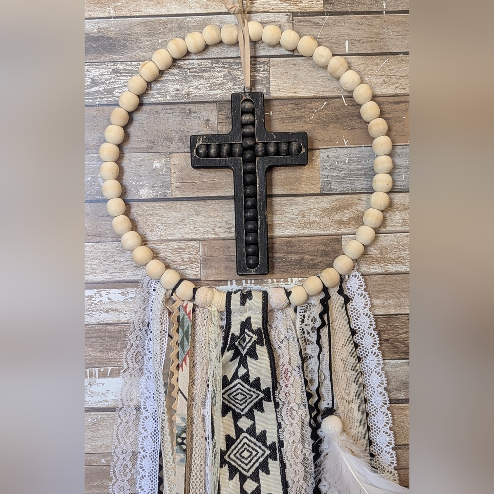 New Handcrafted Boho Dreamcatcher With Rustic Wooden Cross & Feathers - Picture 2 of 9